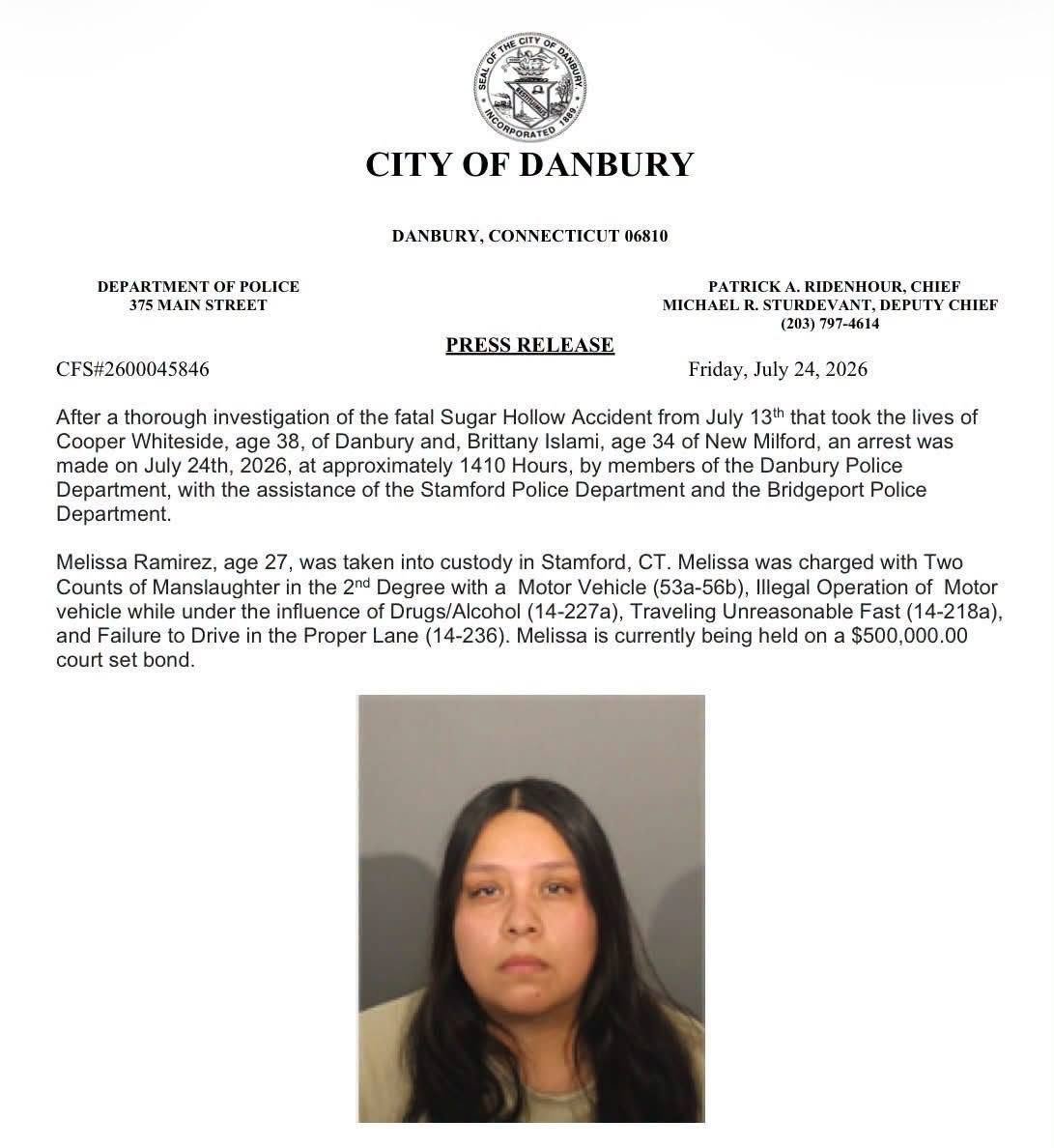 KristiTalmadge's tweet photo. 🔴🧵 CONNECTICUT: Reese Hopkins form WTIC 1080 am caught Governor Ned Lamont with his pants down again.

I don't want to cause anyone emotional distress since this is already a terrible situation but the Danbury Police did some shoddy police work.

Things that would have helped: Putting Melissa Esperanza Ramirez Romero full name on the Police Report instead of giving a half-assed name in the Press Release because you're trying to protect a cop killer from ICE @GovNedLamont 

Here is what I have. The first thing we got was the press release (first image) when she was arrested. We did not get the full name from the court until several days later. You db Fks are still trying to protect the drunk illegal alien that killed a cop and a mother of 3 so don't give me any of your B.S. lip when it is your dishonesty and cover-ups and narratives that cause all this distrust and these misunderstandings to begin with Stephanie Thomas @CTSotS 

It's more than 4 images, so we'll just put some extra replies with the rest of the images so I can post them all @ReeseOnTheRadio 

1/?