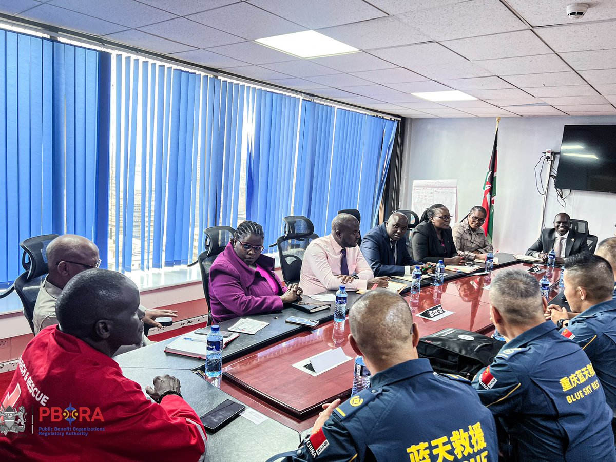 PBO_RA's tweet photo. The Chairman and Commander-in-Chief of the Blue Sky Rescue Foundation, Mr. Zhang Yong, led a delegation from the organization in paying a courtesy call on the Authority's Director/CEO, Dr Laxmana Kiptoo, to discuss opportunities for strengthening collaboration in disaster preparedness, emergency response, and humanitarian assistance in Kenya.

The meeting explored avenues for supporting Public Benefit Organizations (PBOs) engaged in rescue operations, particularly during emergencies such as floods, and enhancing strategic partnerships with the Kenya Red Cross Society to strengthen coordination, capacity building, and community resilience.

PBORA remains committed to fostering partnerships that enhance the capacity of the PBO sector to deliver timely, effective, and coordinated humanitarian interventions for the benefit of communities across Kenya. ^ MN