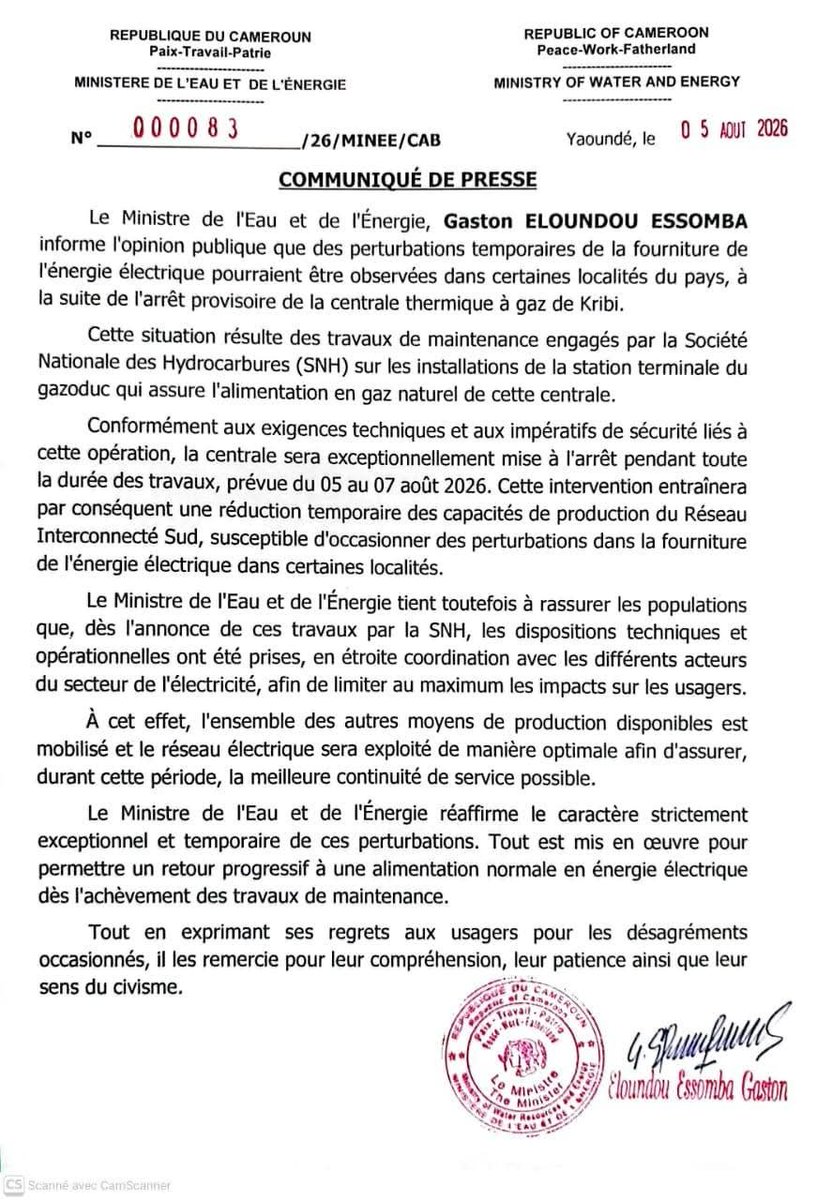 TheCameroonianZ's tweet photo. Des perturbations temporaires de la fourniture #électrique dans certaines localités, du 05 au 07 août 2026, en raison de l'arrêt de la centrale thermique de #Kribi pour maintenance.
#Cameroon https://t.co/TZTeWRuKzb