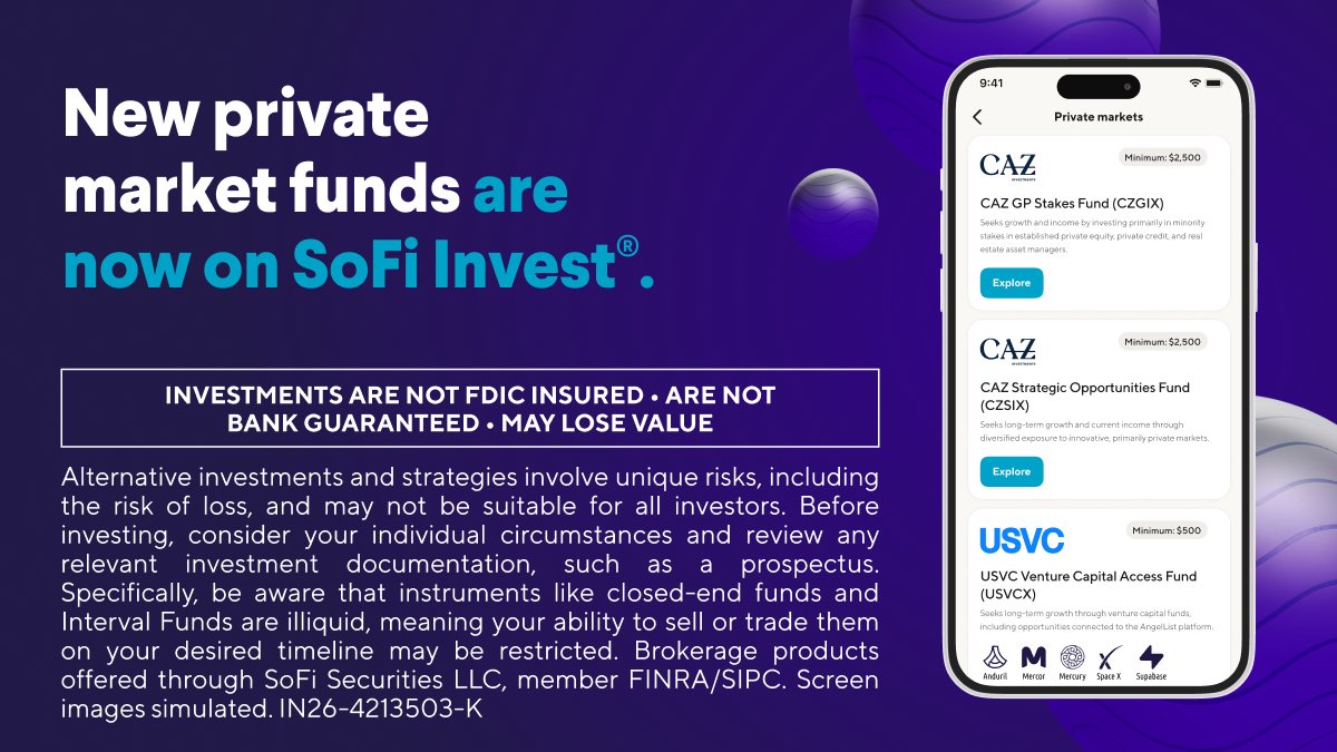 SoFi's tweet photo. Private market funds? In the SoFi app.  

See new funds: CAZ GP Stakes Fund, CAZ Strategic Opportunities Fund, and USVC by AngelList Asset Management.  

You could access opportunities in AI, fintech, private equity, and private credit.

Learn more: https://t.co/9F653LZzNS https://t.co/UrYKG4cjtQ