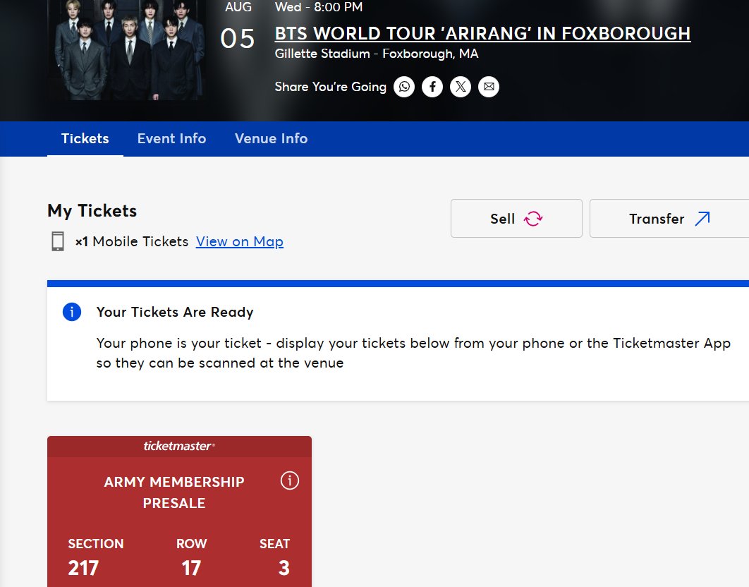 AnaLuci199's tweet photo. 🚨 BTS FOXBOROUGH TICKET FOR SALE 🚨

I’m selling my ticket for tonight’s BTS concert at Gillette Stadium💜

📅Wed, Aug 5
🎟️ $195 USD by PayPal

I’ll transfer the ticket directly through Ticketmaster. DM me if you’re interested.🙏
#BTS #BTS_ARIRANG #BTSARMY https://t.co/8UQwlYZR58
