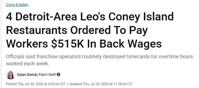 FightForAUnion's tweet photo. If you steal a hotdog, the cops drag you out in handcuffs. When Leo's Coney Island franchise owners stole $515K from workers, they got a nice little court order to eventually pay it back. Wage theft dwarfs all other forms of theft combined while penalties are a slap on the wrist. https://t.co/LMOBzb82Zo