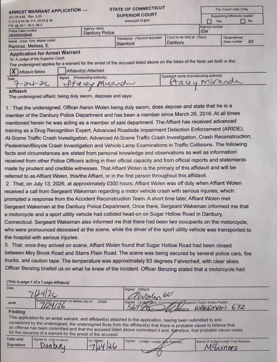 KristiTalmadge's tweet photo. 🔴🧵 CONNECTICUT: Reese Hopkins form WTIC 1080 am caught Governor Ned Lamont with his pants down again.

I don't want to cause anyone emotional distress since this is already a terrible situation but the Danbury Police did some shoddy police work.

Things that would have helped: Putting Melissa Esperanza Ramirez Romero full name on the Police Report instead of giving a half-assed name in the Press Release because you're trying to protect a cop killer from ICE @GovNedLamont 

Here is what I have. The first thing we got was the press release (first image) when she was arrested. We did not get the full name from the court until several days later. You db Fks are still trying to protect the drunk illegal alien that killed a cop and a mother of 3 so don't give me any of your B.S. lip when it is your dishonesty and cover-ups and narratives that cause all this distrust and these misunderstandings to begin with Stephanie Thomas @CTSotS 

It's more than 4 images, so we'll just put some extra replies with the rest of the images so I can post them all @ReeseOnTheRadio 

1/?