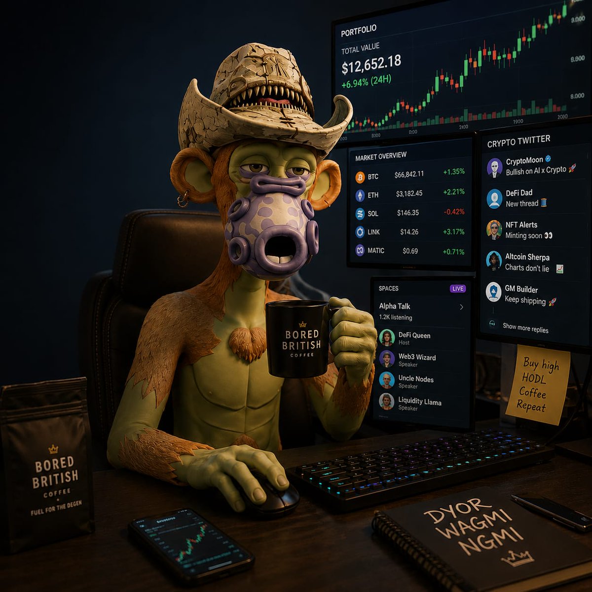 BoredBritish's tweet photo. GM! ☕

Me: "I'll just check the market for 5 minutes."

Also me 2 hours later: Reading 47 threads, joining 3 Spaces, and somehow buying another token. 😂

Tag someone who's definitely guilty of this. 

#GM #CryptoTwitter #BoredBritish https://t.co/ecxIdgGahw