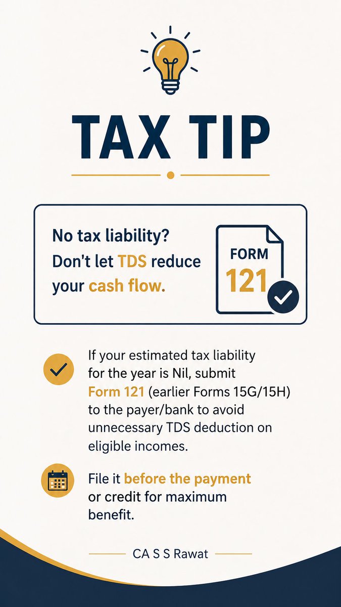 cassrawat's tweet photo. #TaxTip #TDS #Form121 #IncomeTax #TaxPlanning #CASSRawat https://t.co/IqpvhVMRsN