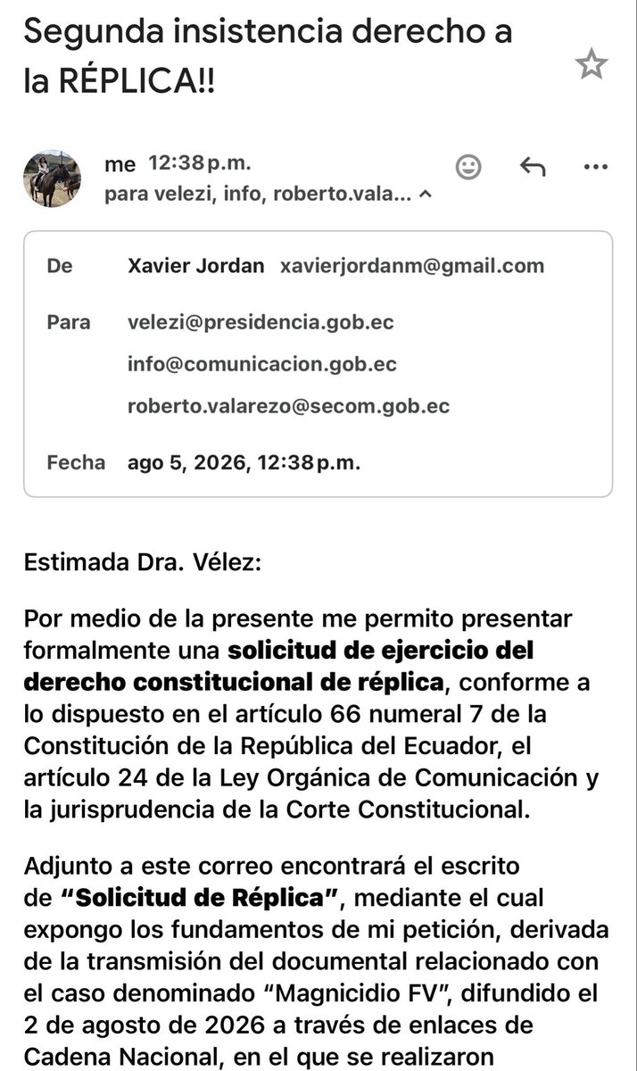 XavierJordanM's tweet photo. .@ComunicacionEc 
@Presidencia_Ec 

Hoy por segunda vez, presenté formalmente mi solicitud de derecho de réplica ante la Secretaría General de Comunicación del Ecuador, espero esta vez tenga alguna respuesta. 

El Gobierno permitió que, en cadena nacional, se difundieran acusaciones en mi contra. Ahora tiene la obligación constitucional y legal de garantizarme el mismo espacio para responder.

Yo estoy listo para hablar con pruebas. La pregunta es: ¿están ellos dispuestos a que el país escuche la otra versión?

Si creen en la verdad, no deberían temer a la réplica. Si la niegan, cada ecuatoriano sacará sus propias conclusiones.

La Constitución no puede aplicarse solo cuando les conviene. 

Cuál es el miedo de que Ecuador revise  y vea mis pruebas !! 

#DerechoARéplica #YoSoyConPruebas
 
La Familia se Respeta 👊
