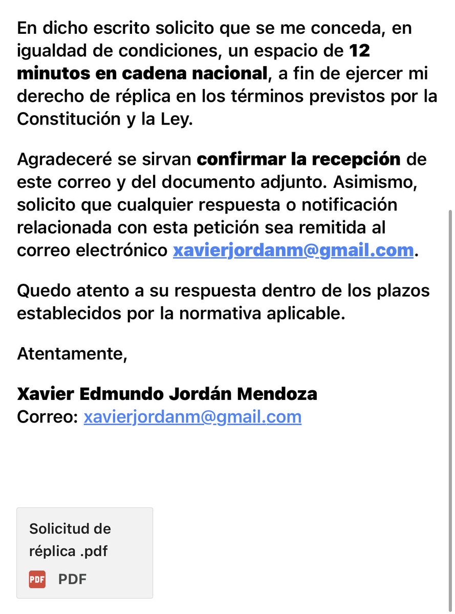 XavierJordanM's tweet photo. .@ComunicacionEc 
@Presidencia_Ec 

Hoy por segunda vez, presenté formalmente mi solicitud de derecho de réplica ante la Secretaría General de Comunicación del Ecuador, espero esta vez tenga alguna respuesta. 

El Gobierno permitió que, en cadena nacional, se difundieran acusaciones en mi contra. Ahora tiene la obligación constitucional y legal de garantizarme el mismo espacio para responder.

Yo estoy listo para hablar con pruebas. La pregunta es: ¿están ellos dispuestos a que el país escuche la otra versión?

Si creen en la verdad, no deberían temer a la réplica. Si la niegan, cada ecuatoriano sacará sus propias conclusiones.

La Constitución no puede aplicarse solo cuando les conviene. 

Cuál es el miedo de que Ecuador revise  y vea mis pruebas !! 

#DerechoARéplica #YoSoyConPruebas
 
La Familia se Respeta 👊