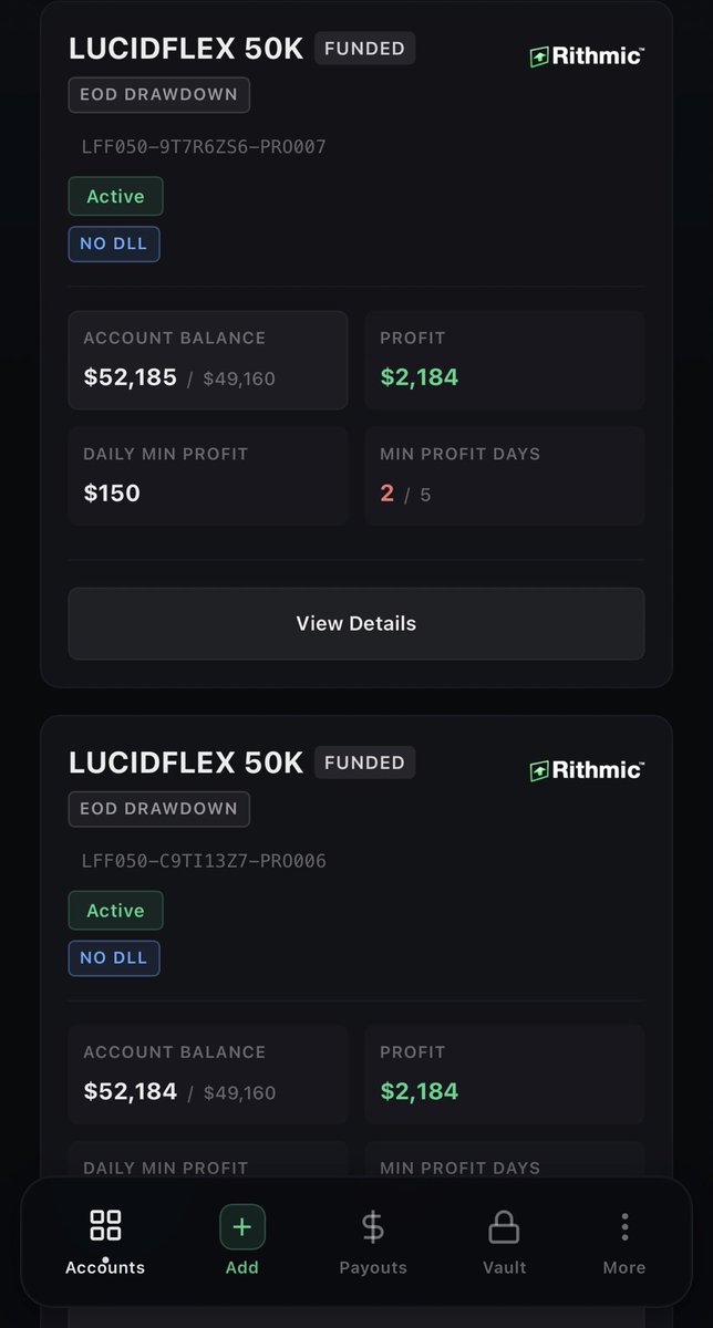 DWAYNEW18429391's tweet photo. Another solid day took it fairly easy today because of the choppy open.

Another 1k on 5x 50k lucid flex accounts.
Flipped my tpt 150k evals two days to go on those before getting funded on those five accounts. 

No bias is the way let the market show u the way. Longs then shorts https://t.co/pcR3yu16qz