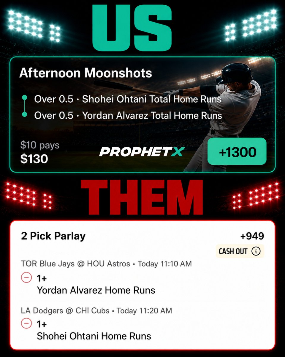 ProphetX's tweet photo. Afternoon Moonshots? 

Think the two favorites of the first two MLB games fo the day go yard today? 

Win 42% more by taking it on ProphetX over a sportsbook. Same trade, bigger payout. https://t.co/se6P00kNnW