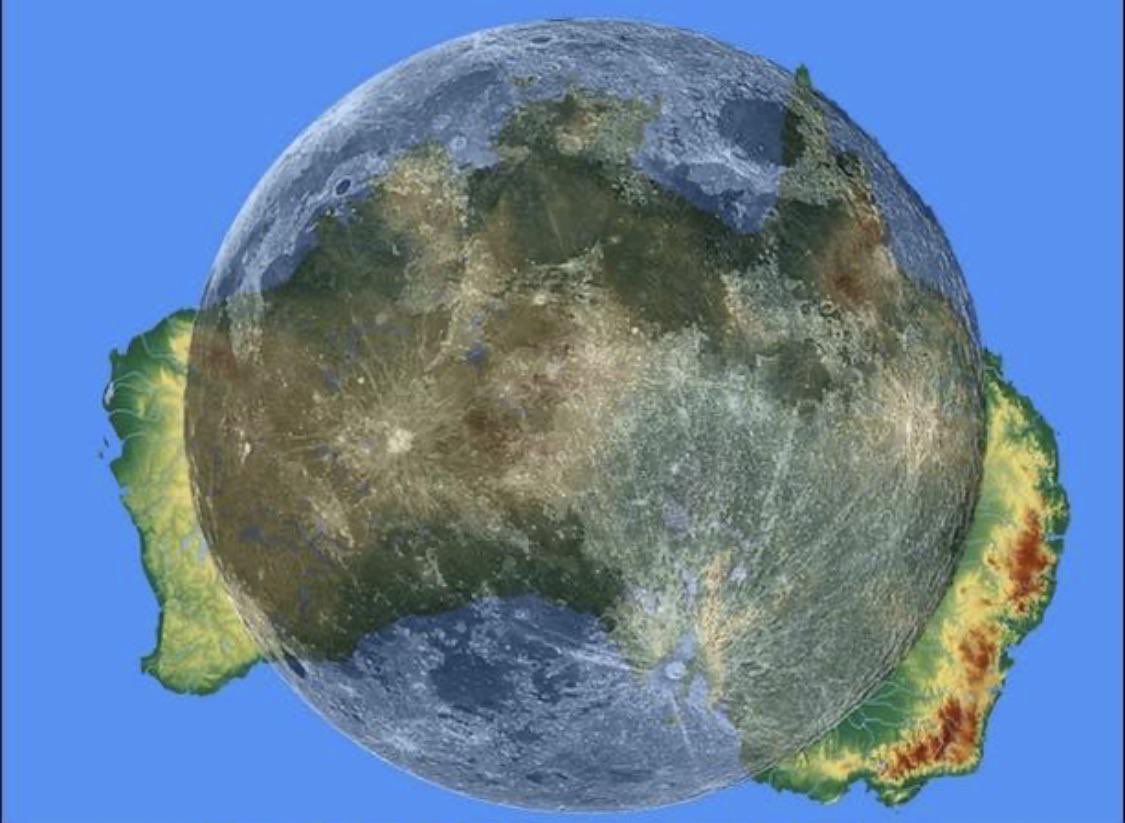 MappedOut2025's tweet photo. To put global scale into perspective: the continent of Australia is physically wider than the entire diameter of the moon. Australia stretches about 4,000 kilometers from coast to coast, while the moon's diameter is only around 3,400 kilometers https://t.co/4SGozAmUiH