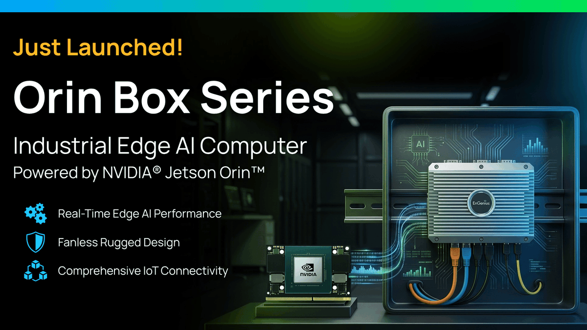 EngeniusTech's tweet photo. Meet the EnGenius Orin Box Series, built for industrial Edge AI.

Powered by NVIDIA Jetson Orin, it delivers up to 157 TOPS, IoT-ready connectivity, and a rugged fanless design for automation, vision analytics, and more.

Explore: https://t.co/vEMR6kiixX

#EdgeAI #NVIDIAJetson https://t.co/L4ORmyEIP8