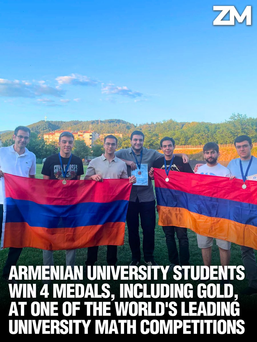 ZartonkMedia's tweet photo. Armenian University Students Win 4 Medals, Including Gold, at One of the World's Leading University Math Competitions 🇦🇲🥇🥈🥉
➖➖➖
Armenian university students won four medals, one gold, two silver, and one bronze, at the 33rd International Mathematics Competition for University Students in Blagoevgrad, Bulgaria, held July 27 to August 3, reports Armenia's Ministry of Education, Science, Culture and Sports.

Vahan Baghdasaryan won gold. Ruben Hambardzumyan and Tsovak Yegoryan won silver, and Stepan Gevorgyan won bronze. Edgar Hoghmrtsyan received a certificate of commendation. The competition brought together 447 students from 135 universities around the world.

The Armenian team was led by Karen Keryan and coached by Albert Gevorgyan, Vazgen Mikaelyan, and Karen Keryan.

First held in Plovdiv, Bulgaria, in 1994 and jointly organized by University College London and the American University in Bulgaria, the IMC is one of the world's leading university-level mathematics competitions. Two of its former competitors, Caucher Birkar and Maryna Viazovska, went on to win the Fields Medal, one of the highest honors in mathematics.
