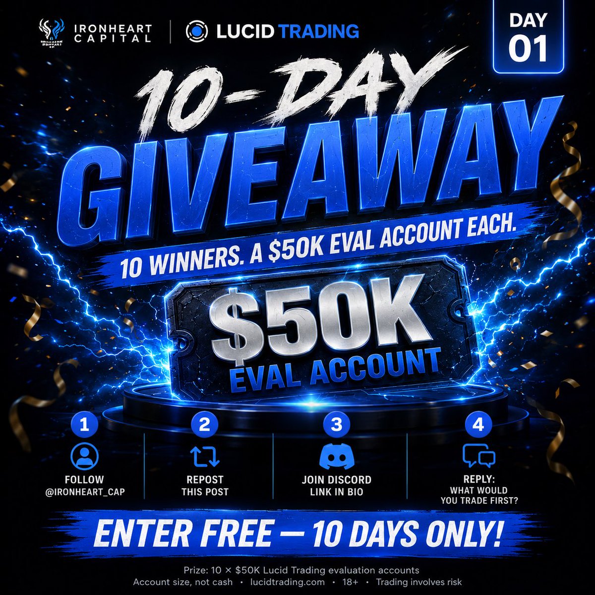 Ironheart_Cap's tweet photo. We're giving away 10 shots at getting funded.

10 winners. Each gets a $50K Lucid Trading evaluation account. One winner drawn live in our Discord every day for 10 days.

To enter:
1. Follow @Ironheart_Cap
2. Repost this post
3. Join the Discord (link in bio)
4 Reply: what would
you trade first with a $50K account?

Free to enter. No paywalls, no catch.
18+ • eval-account access, not cash • not financial advice • trading involves risk #futures #optionstrading #daytrading #propfirm