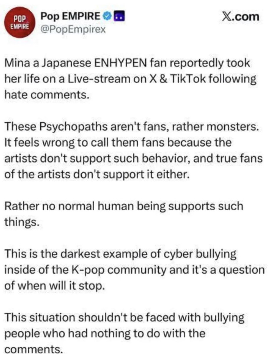 Ari__13zz's tweet photo. Cyberbullying isn’t fan culture it’s abuse.

Before spreading hate, remember there’s a REAL person behind the screen. Your words have consequences.

Loving an idol Isn’t the problem. Hurting others. #ripmina #ミナ #みな #engen https://t.co/G9KGY1HMdf