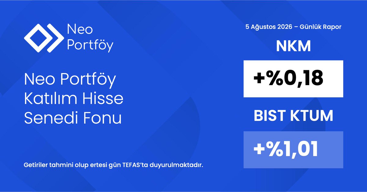 NKMNeoPortfoy's tweet photo. 5 Ağustos 2026 tarihli, kesin olmayan getiri oranlarımızı içeren günlük raporumuz:

📈 NKM: +%0,18
📊 BISTKTUM: +%1,01 https://t.co/oY9ImqYevD