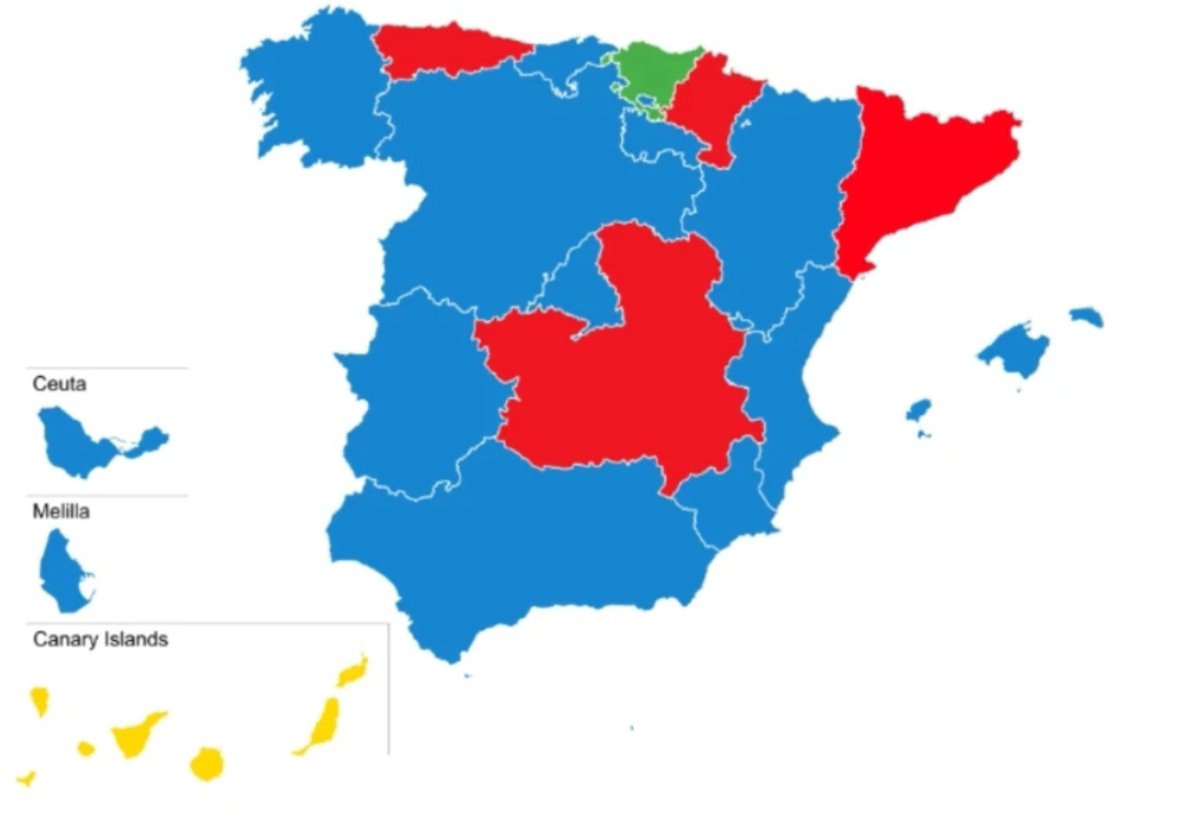 MarBalCas's tweet photo. En rojo, comunidades donde puede mandar Pedro Sánchez a los menores secuestrados. https://t.co/x2GN2Xc3hd