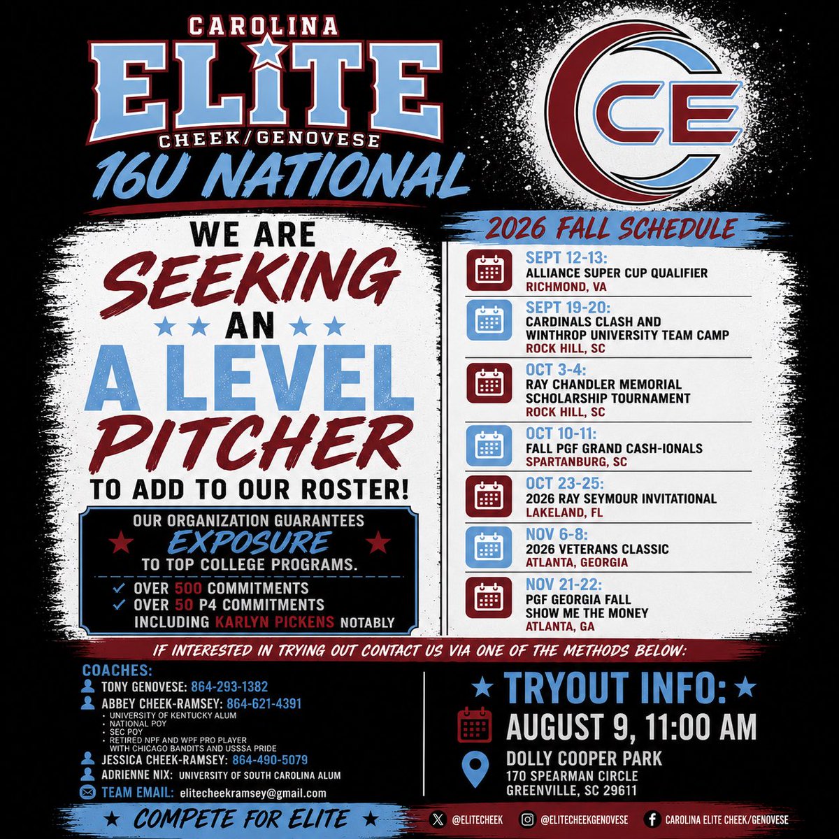 elitecheek's tweet photo. This weekend!! If you or someone you know is an A Level pitcher looking for exposure and an experienced coaching staff that includes a former All-American, SEC POY, and National POY - then look no further! Registration starts at 10:30 AM!
#CompeteForElite https://t.co/DKUHQpH7OB