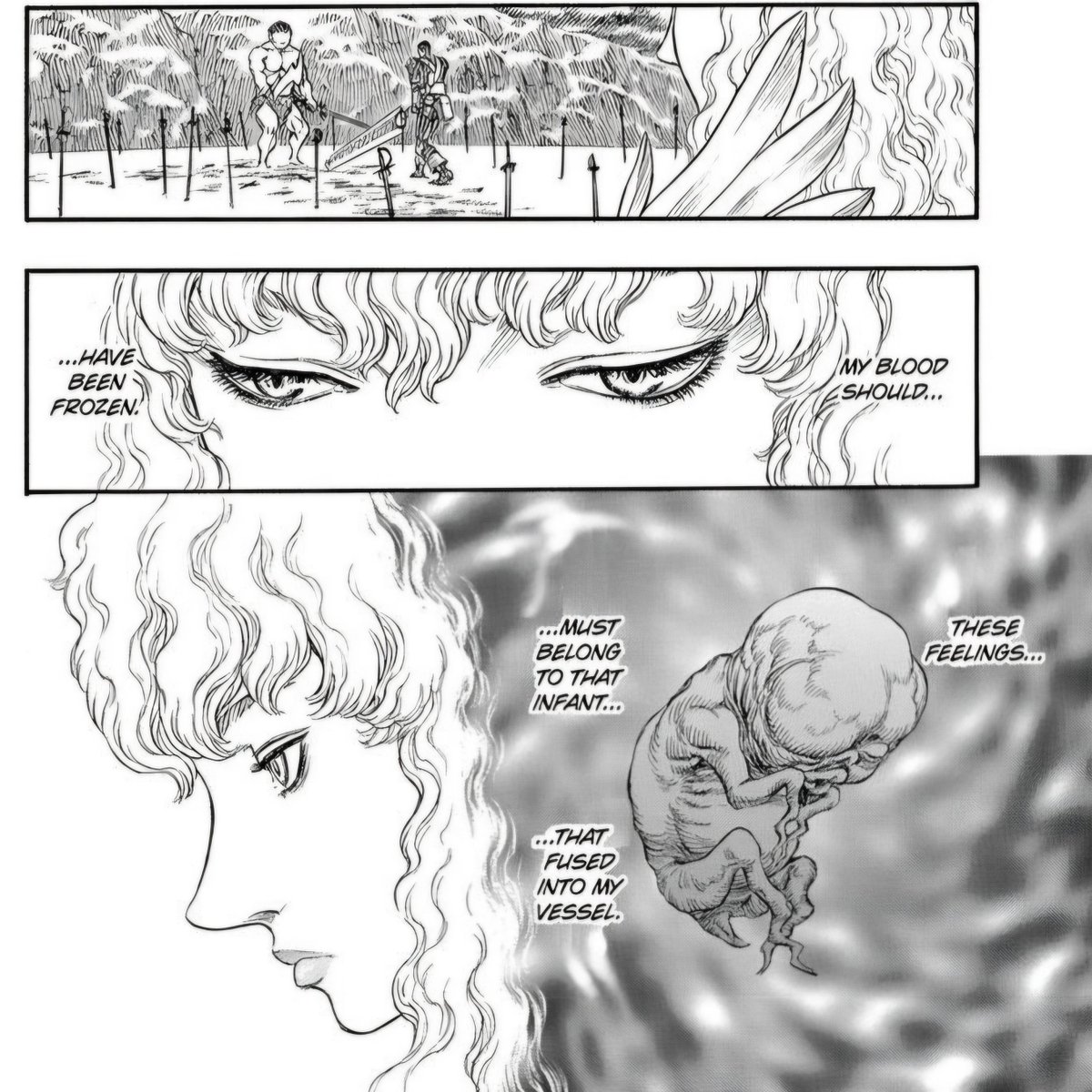 m0nz7c's tweet photo. The argument that Moonlight boy is a separate entity doesn't hold. They are the same yet different. Griffith treats it as a parasite but he's unnaware the child is his own spiritual self. The fact he could cry, feel nostalgia and loneliness comes from within, not alien. https://t.co/bGBpyvDgqR