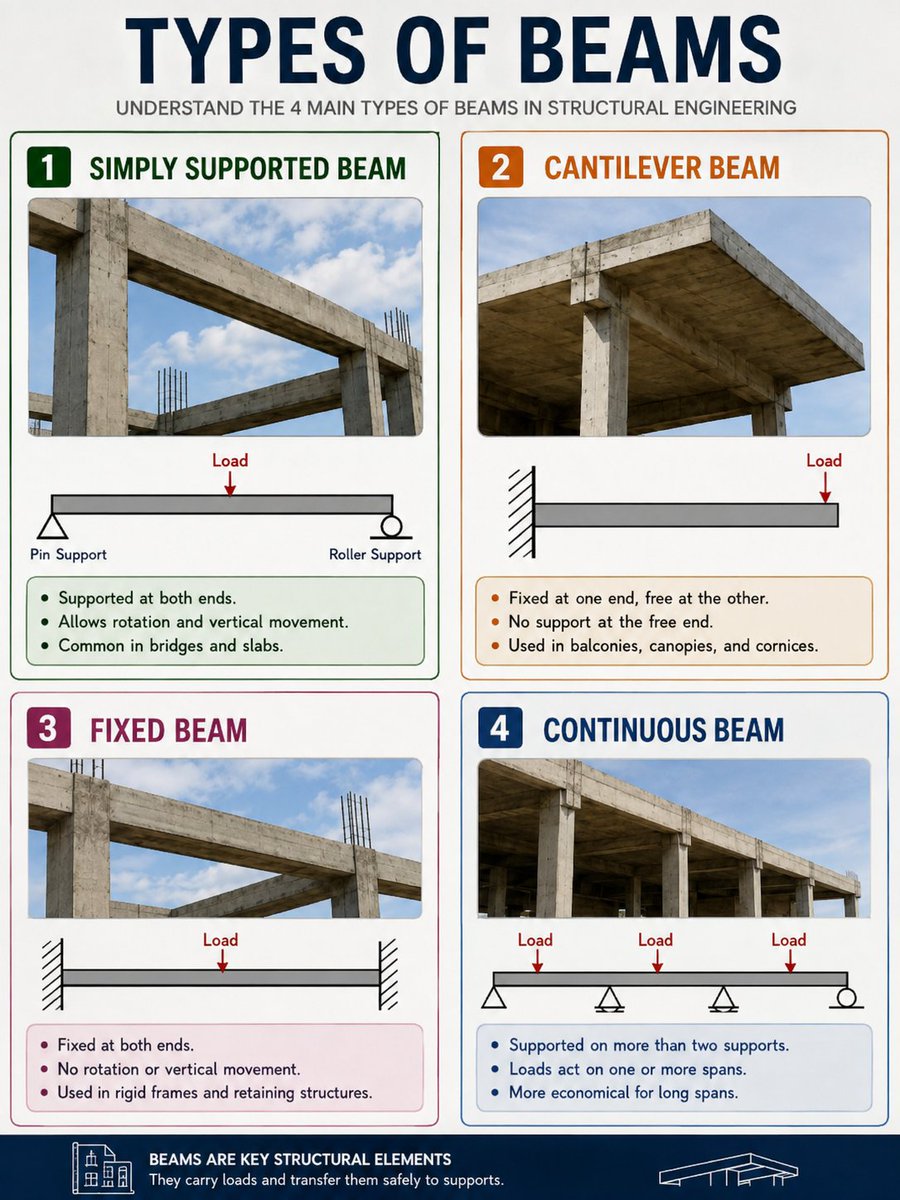 Christian_chibu's tweet photo. Master the fundamentals. 📐
The 4 main types of beams every engineer should know.
Which one have you designed or worked with?
#CivilEngineering #StructuralDesign #Construction #Engineers https://t.co/AupE8A5DpK