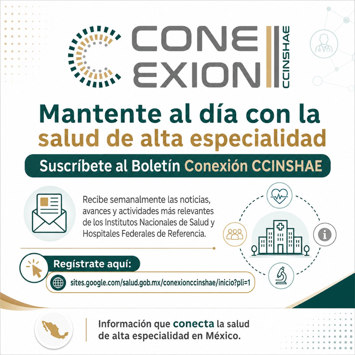 CCINSHAE_mx's tweet photo. Mantente al día con la salud de alta especialidad. 
Suscríbete al Boletín Conexión CCINSHAE y recibe semanalmente las noticias, avances y actividades más relevantes de los INS y HFR.    
https://t.co/adeoKnby5r 

#CCINSHAE #Salud #ConexiónCCINSHAE https://t.co/x4bsNbXT93