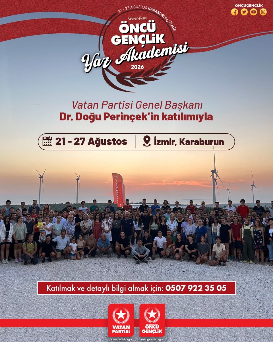 OncuGenclik's tweet photo. 📢Genel Başkanımız Doğu Perinçek'in katılımıyla Öncü Gençlik Yaz Akademisi başlıyor.

Türkiye'yi yönetecek gençler; bilgi ve tecrübenin ışığında, Öncü Gençlik Yaz Akademisi'nde buluşuyor.

📅21-27 Ağustos 
📍İzmir/Karaburun
📞0507 922 3505

Katılmak & Bilgi almak için: 
🔗 https://t.co/t4CRbFaW3O