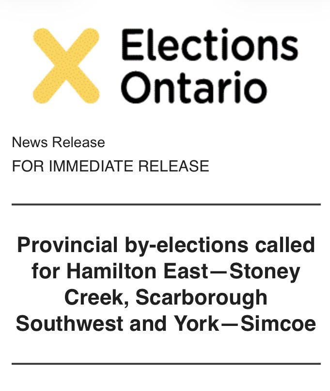 towhey's tweet photo. AND THEY’RE OFF!

By-elections have been called for September 3 in:

Scarborough Southwest
Hamilton East-Stoney Creek
York-Simcoe

Good luck to all. It takes guts to put your name on a ballot and face the often brutal reality check provided by voters.

#ONpoli https://t.co/H7ge4Sa88f