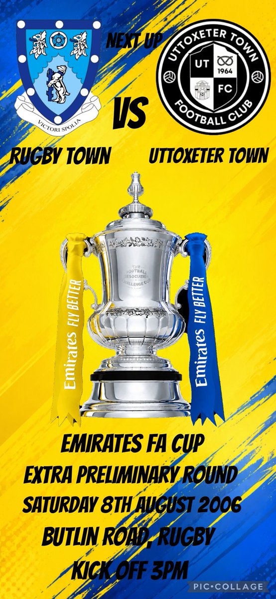 NonLeagueRover's tweet photo. Next up on Saturday, it's @EmiratesFACup action as I travel south to @RugbyTown_FC v @UttoxeterTownFC 

Yes, the Town lads are on the road again this weekend in FA Cup action.
This will be a new ground for me to visit also.

Join me on Saturday at Butlin Road 🤩 https://t.co/7UAvP449k0
