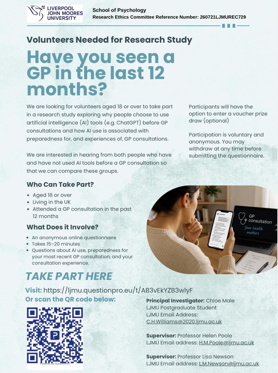 ChloeMaleHPsy's tweet photo. 📢 Participants needed! If you’re 18+, live in the UK, and have seen a GP in the last 12 months, please consider completing my #ProfDoc survey. It takes ~15 minutes, and you can enter a £50 Love2Shop prize draw! 🎁 https://t.co/ynj9FP2ZWJ https://t.co/Tp0UR3SejM
