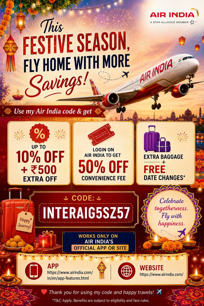 imgulshan____'s tweet photo. ✈️ Festive Season Offer! 🎉

Use my Air India referral code and get: 💰 Up to 10% OFF + ₹500 Extra OFF
🎫 50% OFF Convenience Fee
🎒 Extra Baggage + FREE Date Changes*

🎟️ Code: INTERAIG5SZ57

📲 Valid only on the official Air India app &amp; website.

#AirIndia #FestiveOffer https://t.co/V6pw5fm4sV