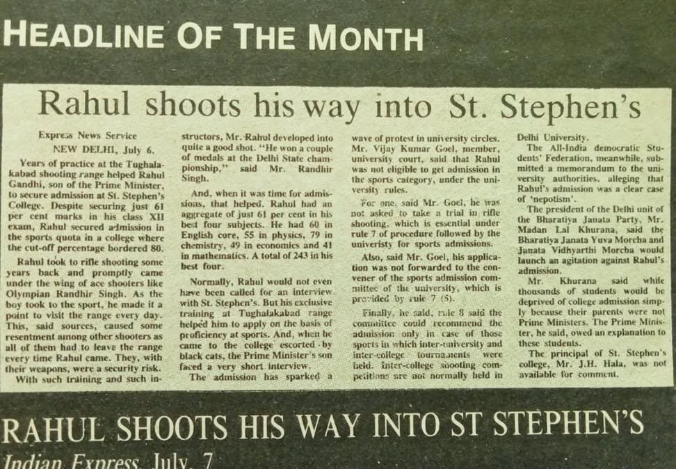 Nationalist2575's tweet photo. Year 1989 : Rahul Gandhi wasn't eligible for admission to St. Stephen's College, Delhi due to poor marks

Then central government declared him a shooting champion &amp; granted him admission through sports quota

Irony-They are talking about education system

Did you know this fact? https://t.co/Ddo7X7ufjO