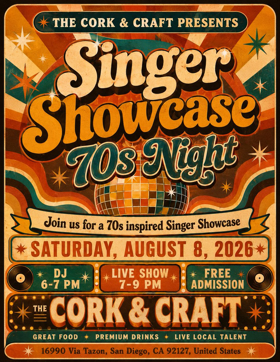 Changing_Stage's tweet photo. We’re turning The Cork &amp; Craft into 1970-something this Saturday. Soul. Funk. Disco. Classic rock. Big voices and timeless songs. 

August 8
DJ: 6–7 PM
Live Singer Showcase: 7–9 PM

Free admission 16990 Via Tazon, San Diego Come feel the groove. https://t.co/cRwUlevQPG