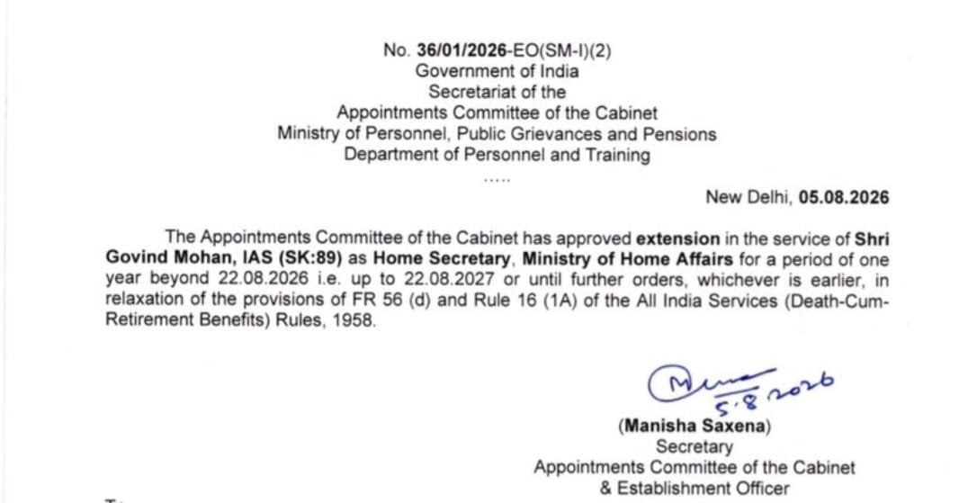 shrikrishnagaut's tweet photo. Congratulations ЁЯОЙ Centre has given extension in the service of Union Home Secretary #GovindMohan #IITBHU #Varanasi #alumus for a period of one year upto August 22, 2027 or until further orders. https://t.co/1Lfk6kTzr1
