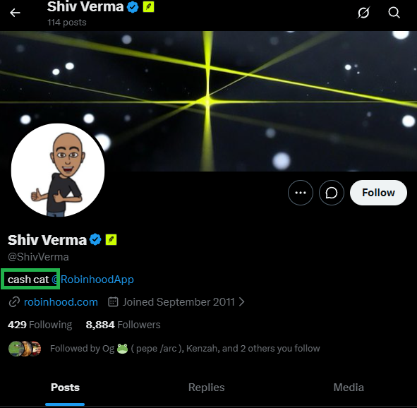 CashyCatCat's tweet photo. Robinhood CFO just put cash cat in his bio.

Probably nothing. 😏 https://t.co/4Yg8LzKDSs