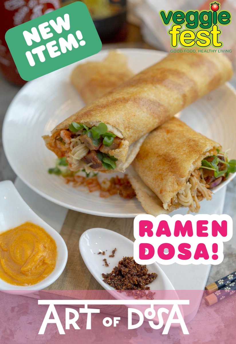 VeggieFest's tweet photo. ✨🍜 NEW at Veggie Fest 2026! 🌿🎉

One of your Veggie Fest favorites, Art of Dosa, is bringing an exciting new creation this year… 🤩

🌟 Introducing the Ramen Dosa! 🌟

A delicious fusion of crispy dosa and bold Asian-inspired flavors, packed with:
🥢 Gluten-free ramen noodles
🌶️ Kimchi
🍛 Katsu soy protein
🔥 Sriracha mayo
✨ Gunpowder seasoning

💚 100% Vegan
🌾 Gluten-Free

And don’t worry—their mouth-watering Masala Dosa will be back too! 😍

Whether you’re a longtime Art of Dosa fan or ready to try something completely new, this is one stop you won’t want to miss! Bring your appetite and experience this incredible fusion only at Veggie Fest in Lisle.

📍 Danada South Park, Lisle, Illinois
📅 August 8 & 9, 2026
🕚 11 AM – 8 PM

🎟️ FREE Admission
🅿️ FREE Parking
🔗 For more updates:https://t.co/POa28VwkrM

Who’s adding the Ramen Dosa to their must-try list? 🙋‍♀️🙋‍♂️

#VFChi26 #VeggieFestChicago #Vegfest #VeggieFest #ArtOfDosa #Dosa #RamenDosa #MasalaDosa #GlutenFree #FusionFood #PlantBased #Vegetarian #Vegan #FoodFestival #FoodCourt #HealthyLiving #GoodFoodHealthyLiving #ChicagoEvents #LisleIL #DuPage #EnjoyIllinois #Illinois #FamilyFun #LiveMusic #Yoga #Meditation  #HealthyLifestyle #Foodies #FoodLovers #FamilyFestival