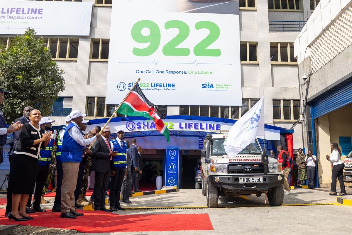 HonAdenDuale's tweet photo. Presided over by H.E. President @WilliamsRuto, I led the Ministry of Health's delegation during the official unveiling of the National Ambulance Dispatch Centre at the Social Health Authority (SHA) Headquarters in Nairobi, a landmark milestone in the implementation of the Taifa Care Model and the transformation of emergency medical services in Kenya.

The Centre establishes the country's first centralized emergency medical dispatch system, coordinating ambulance services across all 47 counties through the SHA 922 Lifeline. 

Powered by advanced digital technology, it enables rapid ambulance deployment, real-time coordination, clinical triage, seamless communication between emergency responders and health facilities and faster access to life-saving care.

Already, over 200 Kenya Medical Practitioners and Dentists Council (KMPDC)-accredited ambulances have been integrated into the platform, with more public and private providers expected to join as the network expands. 

Operated by a multidisciplinary team of specially trained emergency response professionals, the Centre will strengthen referrals, reduce response times and improve patient outcomes nationwide.

The occasion also saw the flagging off of seven advanced ambulances equipped to deliver Level 6 referral hospital-equivalent emergency and critical care services. 

The ambulances have been deployed to Nairobi, Wajir, Turkana, Lamu, Mandera, Nyeri and Kapenguria, further strengthening access to timely, coordinated and quality emergency care across the country.

Hosted by the CEO of the Social Health Authority (SHA), Dr. Mercy Mwangangi, the launch brought together national and county leadership, including Principal Secretaries Dr. Ouma Oluga (Medical Services), Ms. Mary Muthoni (Public Health and Professional Standards), Eng. John Tanui (ICT and the Digital Economy), Director-General for Health, Dr. Patrick Amoth; Nairobi City County Governor, H.E. Johnson Sakaja; Chairperson of the Council of Governors and Governor of Wajir County, H.E. Ahmed Abdullahi; Chairperson of the COG Health Committee and Governor Mombasa County, H.E. Abdulswamad Sheriff Nassir; National Assembly Departmental Committee on Health Chairperson Hon. Dr. James Nyikal, Senate Standing Committee on Health Chairperson Sen. Jackson Mandago, Kenya Red Cross Society Secretary General, Ahmed Idris and CEOs of different referral hospitals.