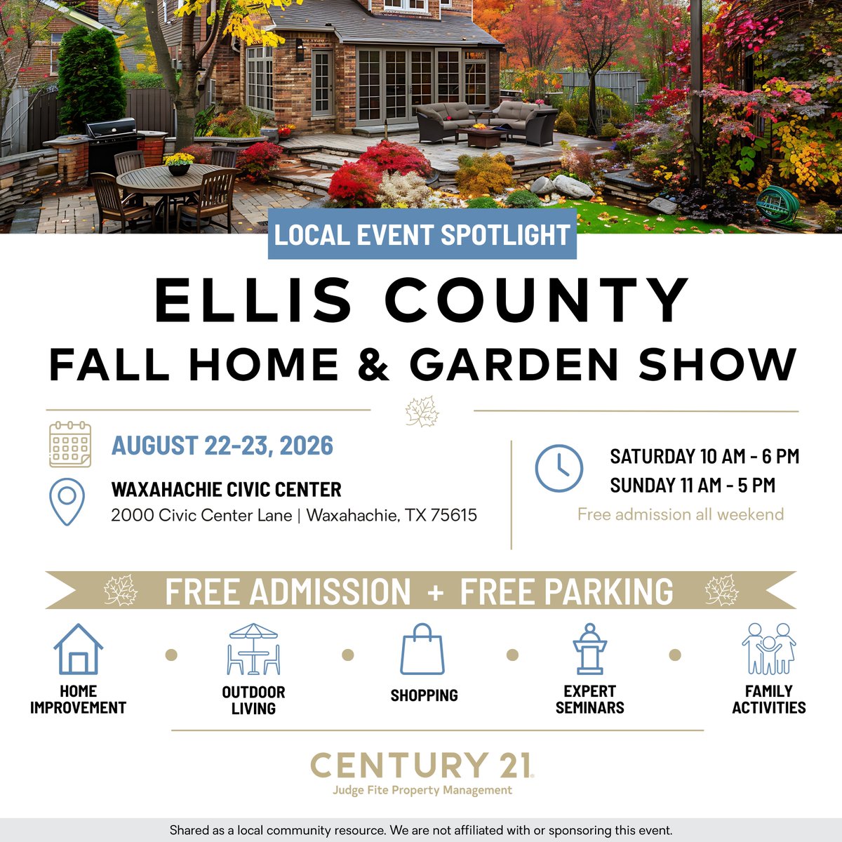 C21JFPM's tweet photo. LOCAL COMMUNITY EVENT 🏡

Planning a project? The Ellis County Fall Home &amp; Garden Show is August 22-23 at the Waxahachie Civic Center.

Free admission | Free parking

We are sharing this for community awareness and are not affiliated with the event or its organizers. https://t.co/y0gsh1Vwpb