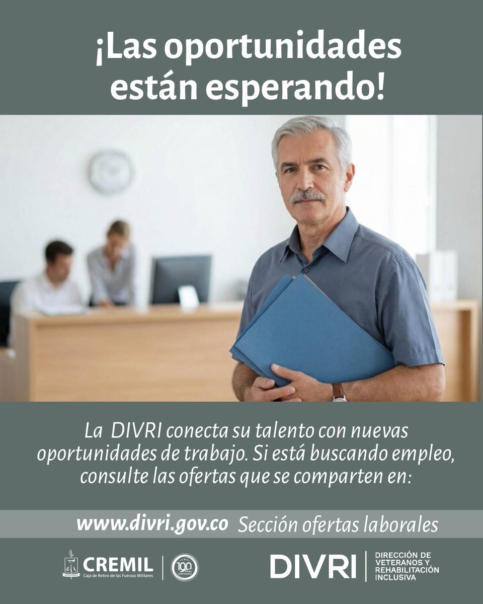 Cremil_Co's tweet photo. ¡Su experiencia sigue construyendo país!
Si usted es veterano de CREMIL o de la Fuerza Pública, la DIVRI, en articulación con el SENA y el Servicio Público de Empleo, le invita a conocer las nuevas ofertas laborales.
​Consulte los perfiles completos aquí: https://t.co/DL1FoZVZRg https://t.co/BraN4fVaUh