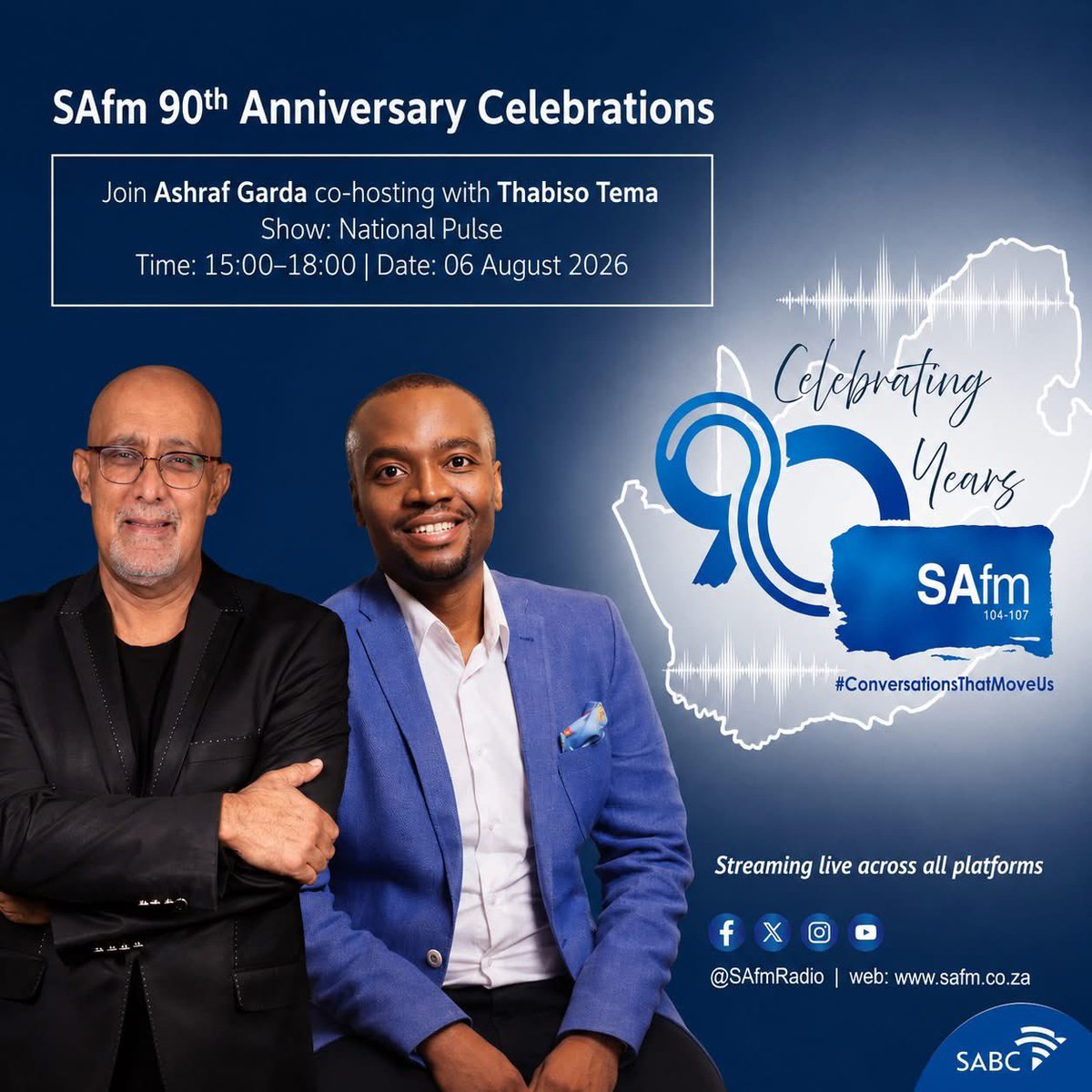 AshrafGarda's tweet photo. SAfm at 90 means getting some of the voices that were part of @SAfmRadio before back on SAfm just for one show .
@ThabisoTema will co host #TheNationalPulse @SAfmRadio with me Thursday from 4pm. Now that’s going to be a blast !
#SAfmAt90
@SABCNews #SABCNews https://t.co/Dn1aKBdG5x