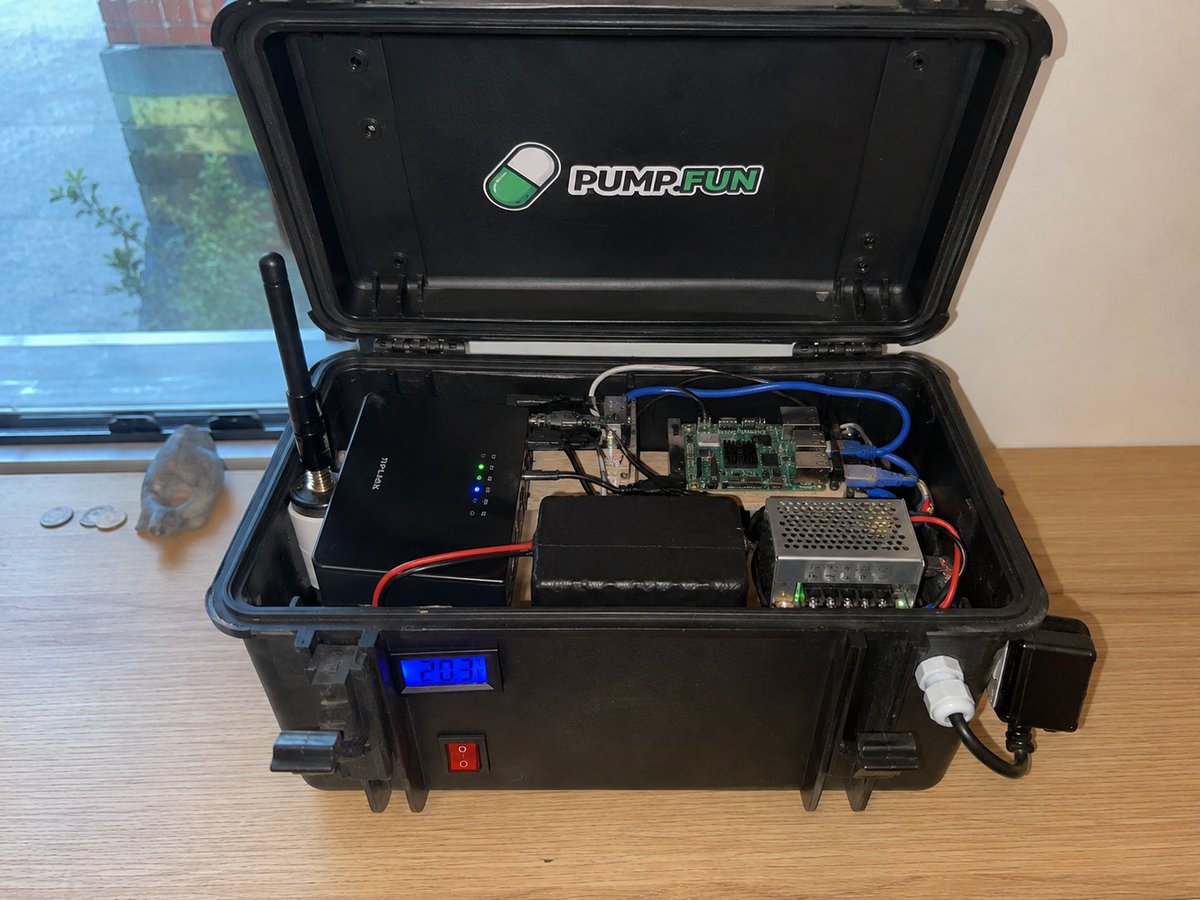 HarrisonBoxFun's tweet photo. Hello! My name is David and I'm an engineer from Croatia. Before i will tell you about my project please sorry for my bad english :)

I am a crypto enthusiast. In my portfolio i have BTC, ETH, SOL, and even a few memecoins. Recently I found out about https://t.co/01E29XPC2e app, which allows to create memecoins and i saw some really cool ideas there!

I found an old black box in my garage, modified it, and now this is a fully waterproof box with inbuilt wifi router and a laptop module, which transfers all the data and makes the AI agent operate from the underwater!

On the second image i put the inside looks. I also printed out pumpfun stickers and sticked them (they are water resistant as well!)