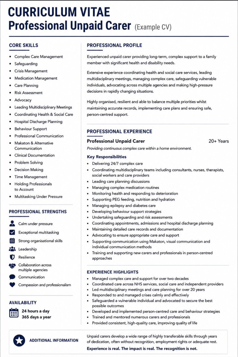 Chuffin_ell's tweet photo. If an unpaid carer’s CV landed on your desk, what would you see?

A gap in employment…

Or 10, 20 or 30 years of leadership, crisis management, safeguarding, advocacy and coordinating complex care?

How should that experience be valued?

#Unpaidcarers https://t.co/Ejjdk6OJHD