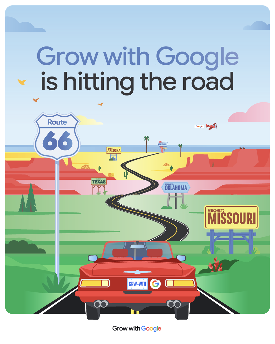 GoogleSmallBiz's tweet photo. Small business owners, we’re coming to you! 🚗💨
#GrowWithGoogle is traveling Route 66 to host their "Make AI Work for You" workshop across 5 cities.
Learn practical ways AI can work for your business: https://t.co/dSOpPV0aQl https://t.co/mSnruOq8bG
