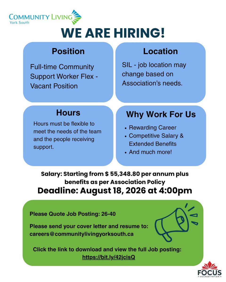 CLYorkSouth's tweet photo. We're Hiring! Full-time Community Support Worker Flex -Vacant Position
📅 Apply by: August 18, 2026 at 4:00 PM 

Please click the link to view the full Job posting: https://t.co/r1W2leWFAo https://t.co/Pa0k15LMKZ