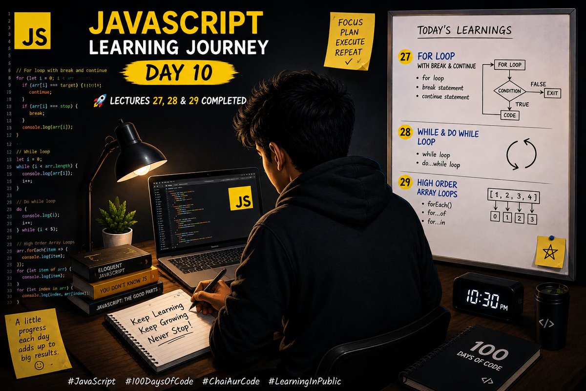 Avanishydvv's tweet photo. 🐦 X (Twitter) Version

🚀 Day 10 of learning JavaScript.

Completed Lectures 27–29 today.

📚 Learned:
✅ for, while, do...while
✅ break &amp; continue
✅ forEach, for...of, for...in
Understanding when to use each loop is just as important as knowing how to write one. 
#JavaScript https://t.co/psbzgO3tOc