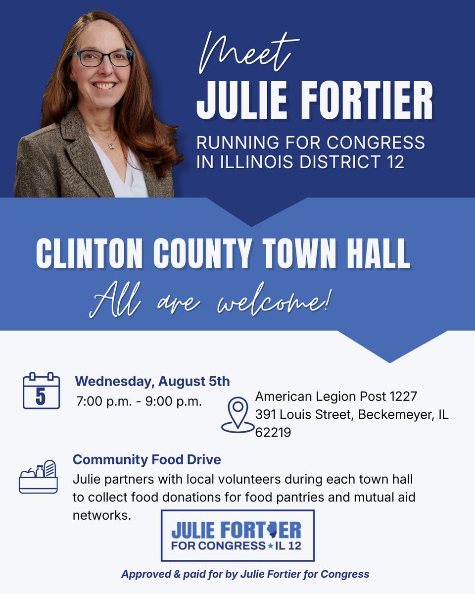 FortierforIL12's tweet photo. TONIGHT! Meet Julie Fortier as her Town Hall Tour continues to roll through Southern Illinois. #ForAllOfUs #Fortier4Congress https://t.co/o6UFn1UaGO