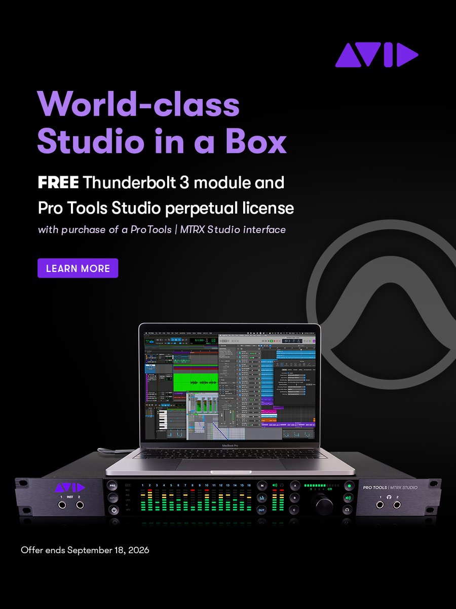 AvidProTools's tweet photo. Get a free Thunderbolt 3 module and Pro Tools Studio perpetual license with the purchase of a Pro Tools | MTRX Studio interface—through September 18, 2026 

▶️ https://t.co/p6ANoyOL8c

#mtrxstudio #thunderbolt3 #protools #audiointerface #avid https://t.co/I9cSN8EvmK