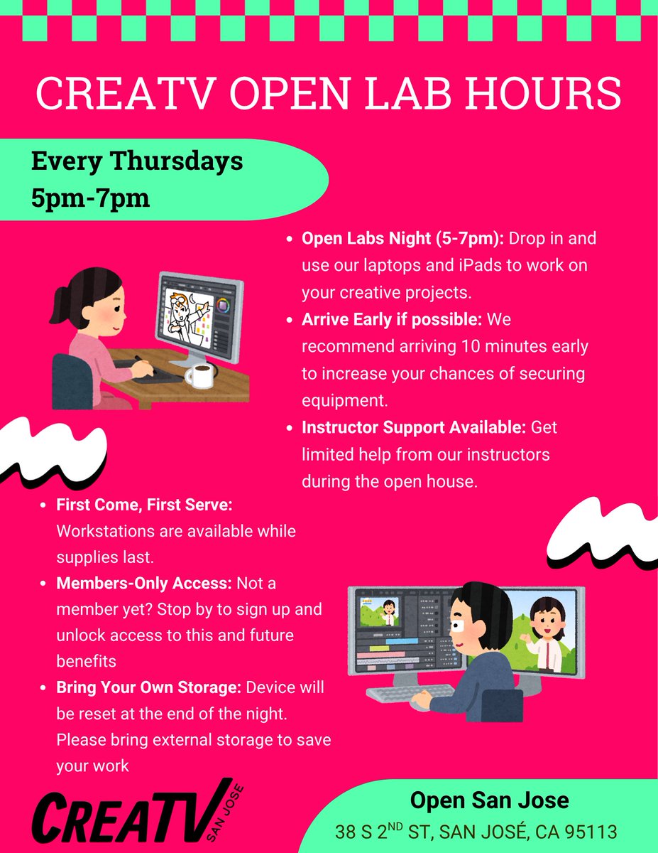 creatvsj's tweet photo. 🎬✨ Got a creative project in the works?
Join us for Open Lab Hours every Thursday in August from 5–7 PM at Open San José!
💻 Access laptops and iPads for creative projects.
🎓 Get guidance from instructors during open lab hours.

#SanJoseCreators #VideoEditing #DigitalMedia https://t.co/TVs1wFI1GP