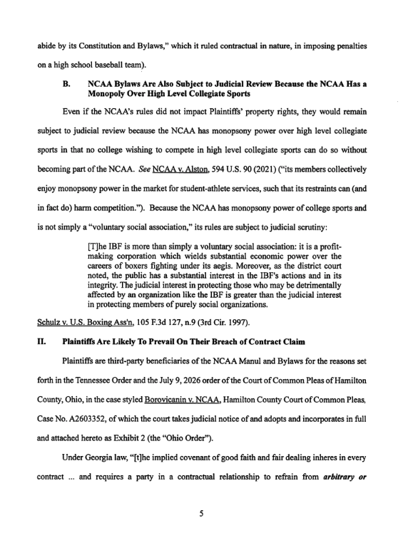 austinmasseySBI's tweet photo. One of the most consequential parts of the Georgia ruling is the reasoning behind it.

The court did not simply say the players would be harmed if they missed another season. It found that their ability to earn a living through college basketball is a protectable property interest, that NCAA rules are subject to judicial review because of the NCAA’s control over high-level college sports, and that the players are likely third-party beneficiaries of the NCAA’s own bylaws.

The judge also found the NCAA likely acted arbitrarily by forcing the 2022 class to compete against fifth- and sixth-year players, then excluding that same class when five-for-five became permanent, while also giving favorable treatment to younger athletes and former professionals.

That reasoning matters far beyond this one group of players. It attacks the NCAA’s position at its foundation, not just the application of one eligibility rule.