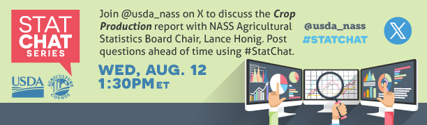 usda_nass's tweet photo. Mark your calendar for August 12, 1:30 pm ET! Join @usda_nass on X to discuss the Crop Production report with NASS Agricultural Statistics Board Chair, Lance Honig. Post questions ahead of time using #StatChat. https://t.co/ZVC9tqJjkw