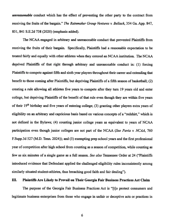 austinmasseySBI's tweet photo. One of the most consequential parts of the Georgia ruling is the reasoning behind it.

The court did not simply say the players would be harmed if they missed another season. It found that their ability to earn a living through college basketball is a protectable property interest, that NCAA rules are subject to judicial review because of the NCAA’s control over high-level college sports, and that the players are likely third-party beneficiaries of the NCAA’s own bylaws.

The judge also found the NCAA likely acted arbitrarily by forcing the 2022 class to compete against fifth- and sixth-year players, then excluding that same class when five-for-five became permanent, while also giving favorable treatment to younger athletes and former professionals.

That reasoning matters far beyond this one group of players. It attacks the NCAA’s position at its foundation, not just the application of one eligibility rule.
